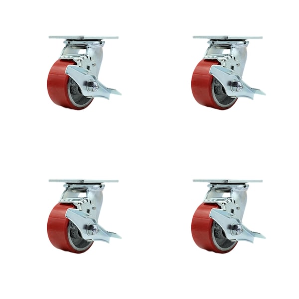 4 Inch Red Poly on Cast Iron Swivel Caster Set with Ball Bearings and Brakes SCC